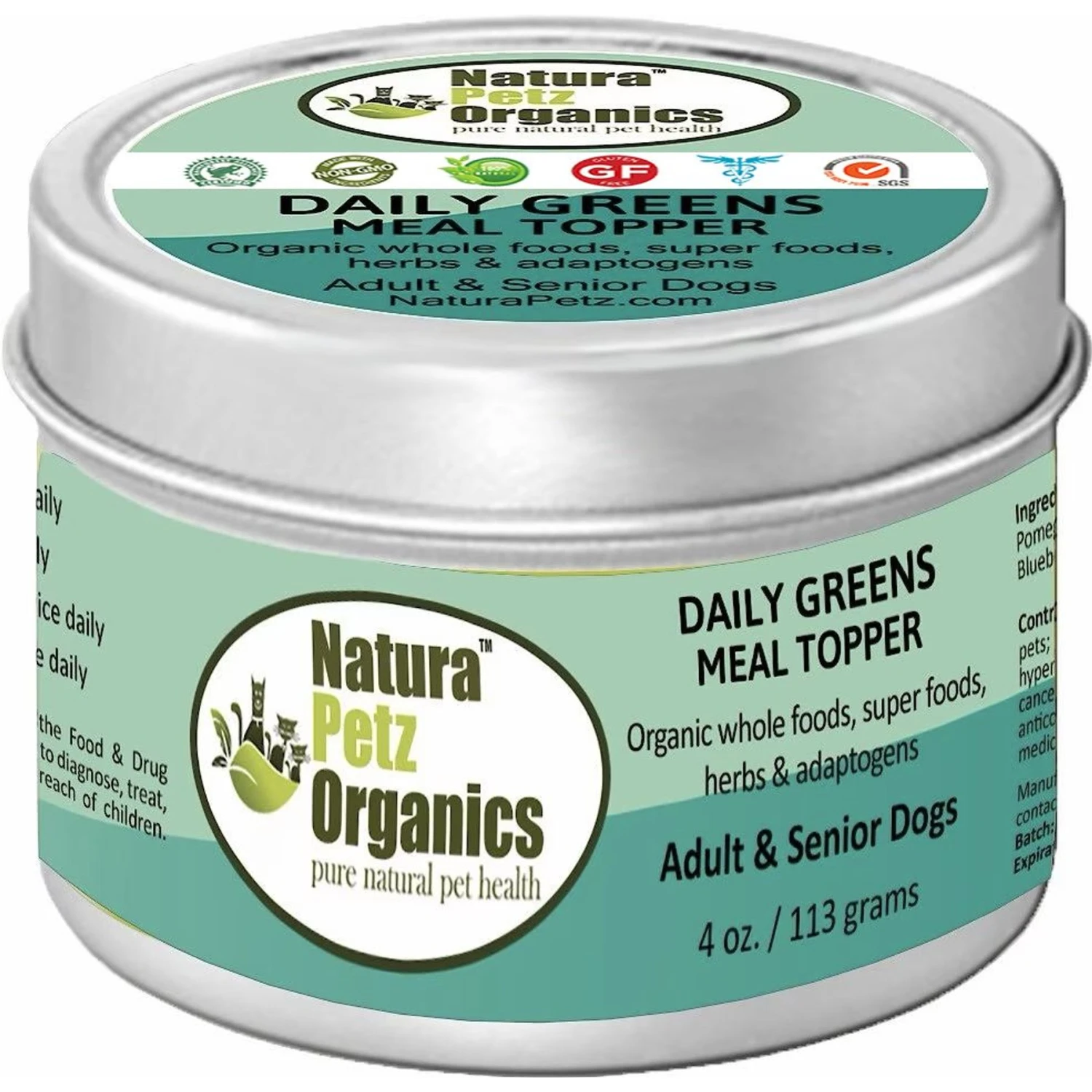 Natura Petz Organics Daily Greens Turkey Flavored Powder Immune Supplement For Dogs, 4-oz Tin 1 Natura Petz Organics Daily Greens Turkey Flavored Powder Immune Supplement For Dogs, 4-oz Tin