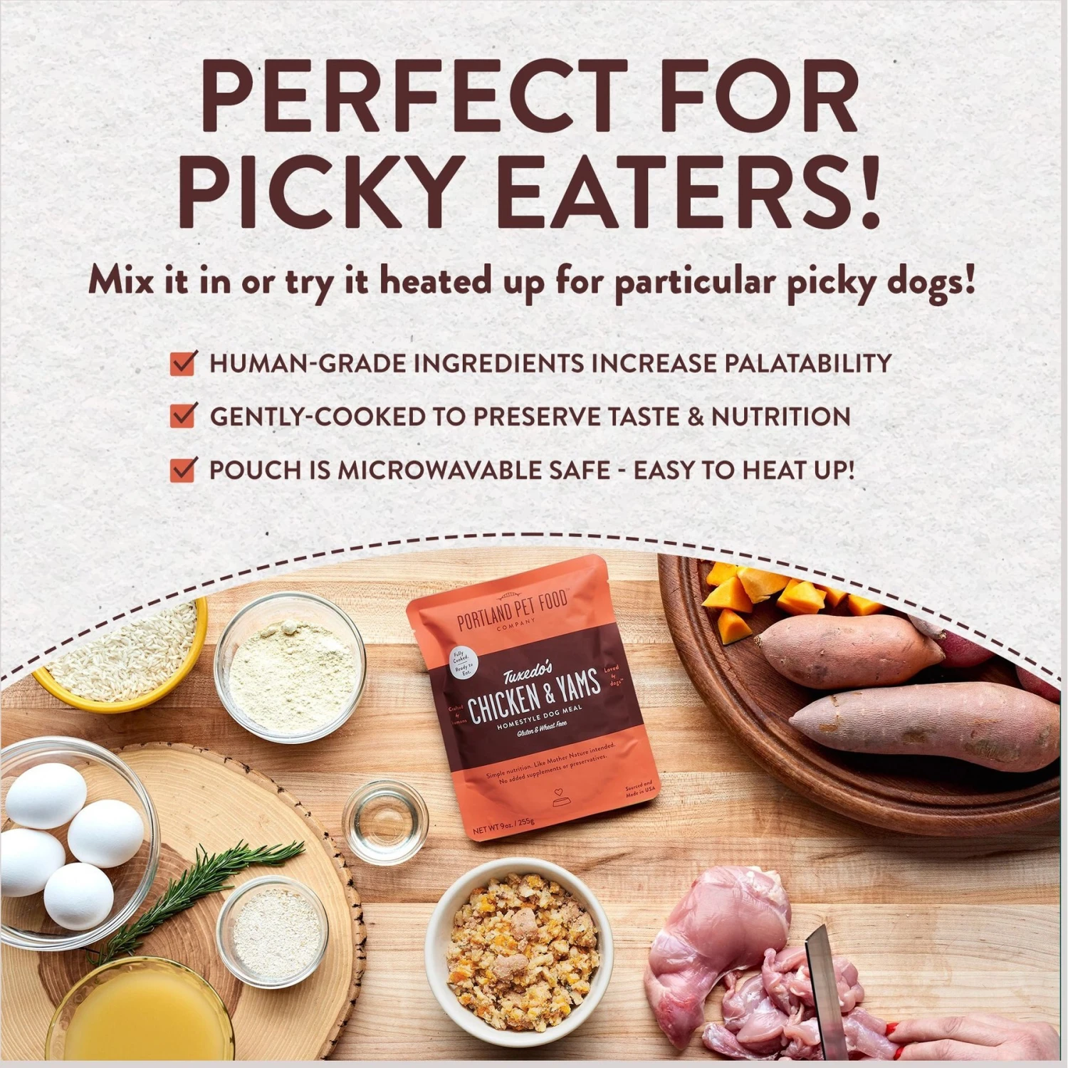 Portland Pet Food Company Tuxedo's Chicken & Yams Homestyle Wet Dog Food Topper, 9-oz Pouch, Case Of 4 5 Portland Pet Food Company Tuxedo's Chicken & Yams Homestyle Wet Dog Food Topper, 9-oz Pouch, Case Of 4 - Image 5