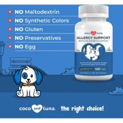 Coco And Luna Allergy Relief Immune System Health Bacon & Liver Flavor Chewable Tablets Dog Supplement, 120 Count -Pet Wellness 253101 PT4. AC SS1800 V1649474505