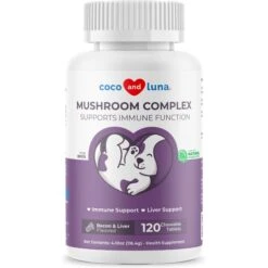 Coco And Luna Mushroom Complex Immune System Support Bacon & Liver Flavor Chewable Tablets Dog Supplement, 120 Count