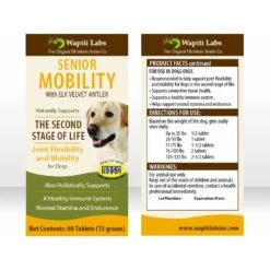 Wapiti Labs Senior Mobility Elk Velvet Antler Tablets Dog Supplement, 60 Count 12 Wapiti Labs Senior Mobility Elk Velvet Antler Tablets Dog Supplement, 60 Count -Pet Wellness 258734 PT5. AC SS1800 V1604442431