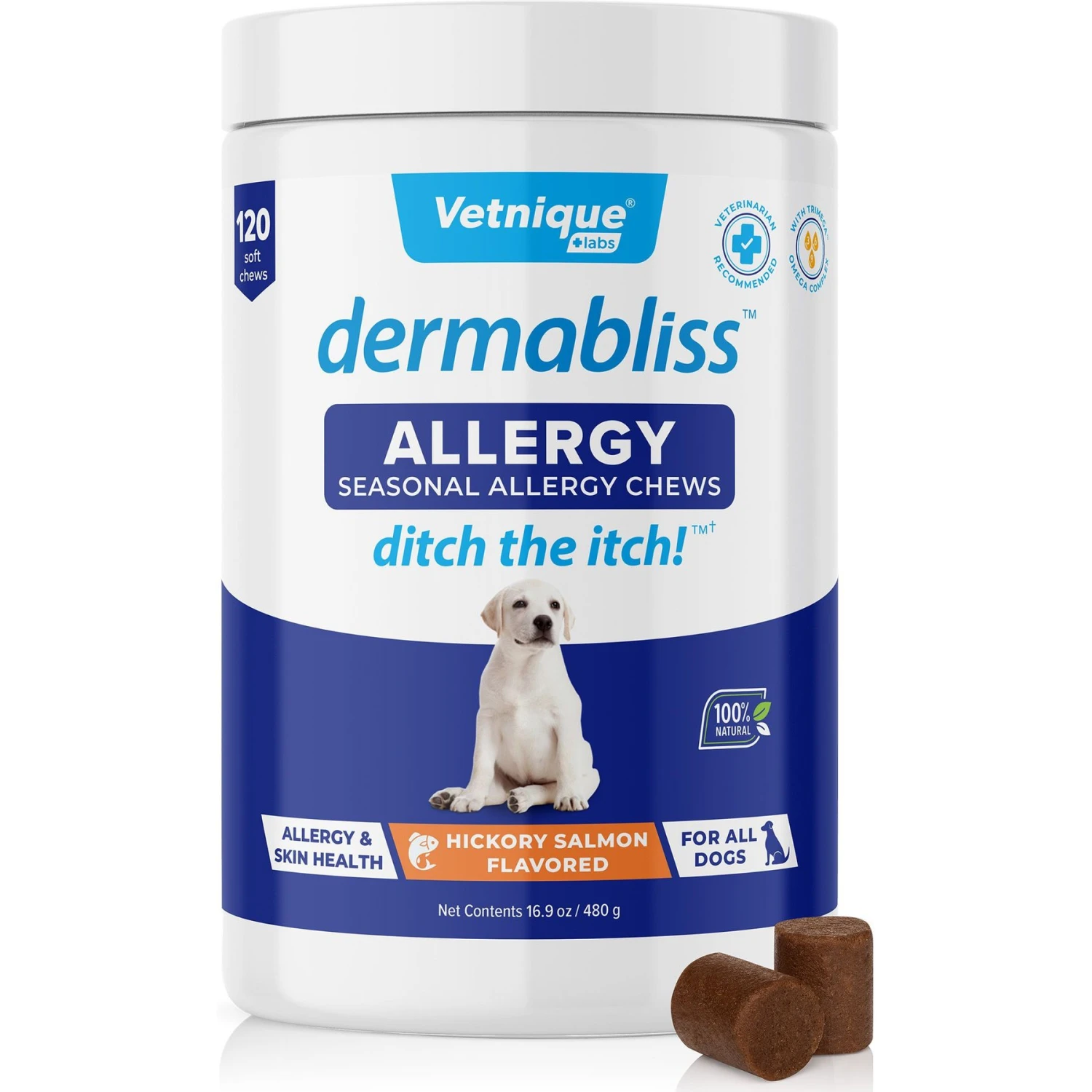 Vetnique Labs Dermabliss Allergy & Immune Salmon Flavored Seasonal Allergy & Fish Oil Soft Chew Supplement For Dogs 1 Vetnique Labs Dermabliss Allergy & Immune Salmon Flavored Seasonal Allergy & Fish Oil Soft Chew Supplement For Dogs