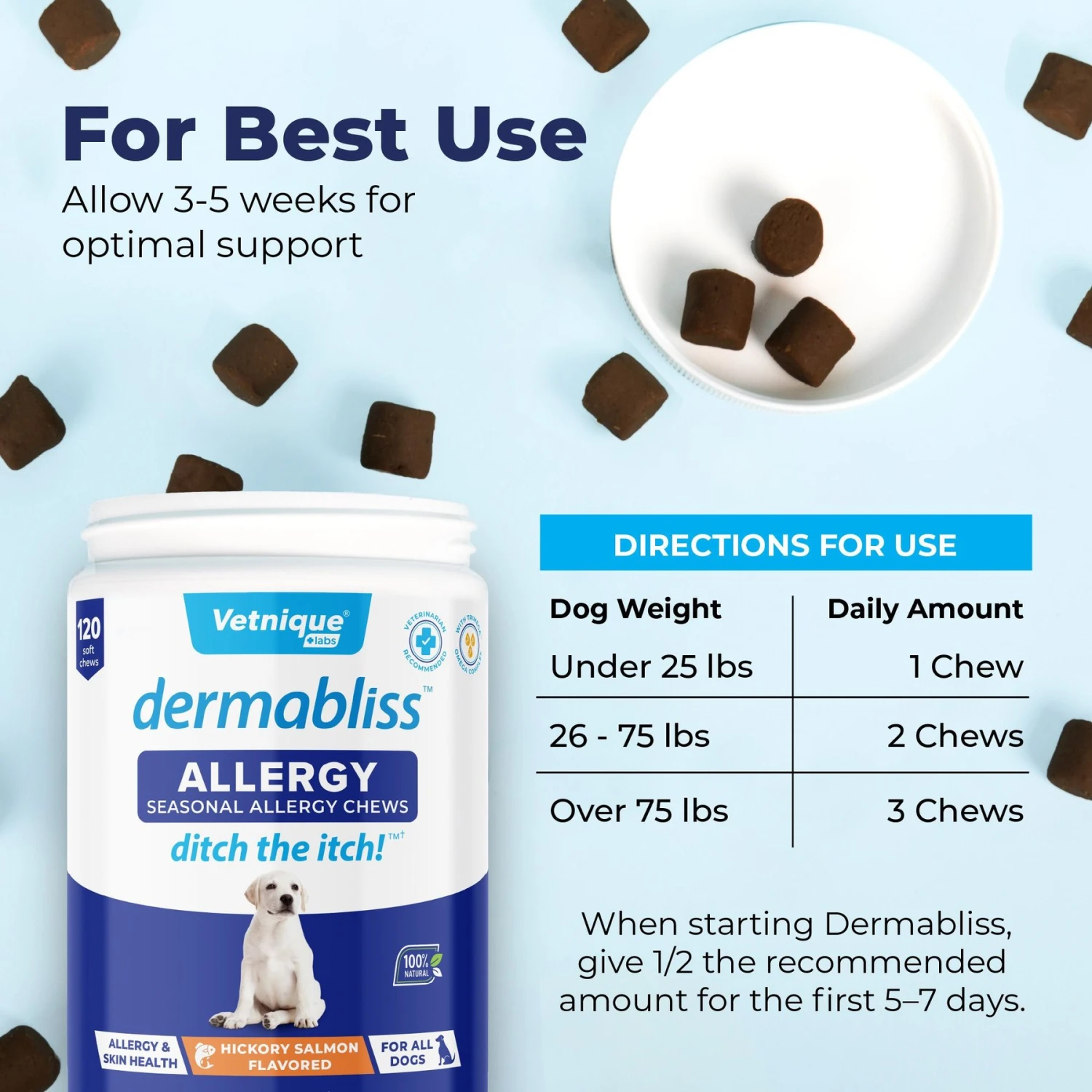 Vetnique Labs Dermabliss Allergy & Immune Salmon Flavored Seasonal Allergy & Fish Oil Soft Chew Supplement For Dogs 5 Vetnique Labs Dermabliss Allergy & Immune Salmon Flavored Seasonal Allergy & Fish Oil Soft Chew Supplement For Dogs - Image 5