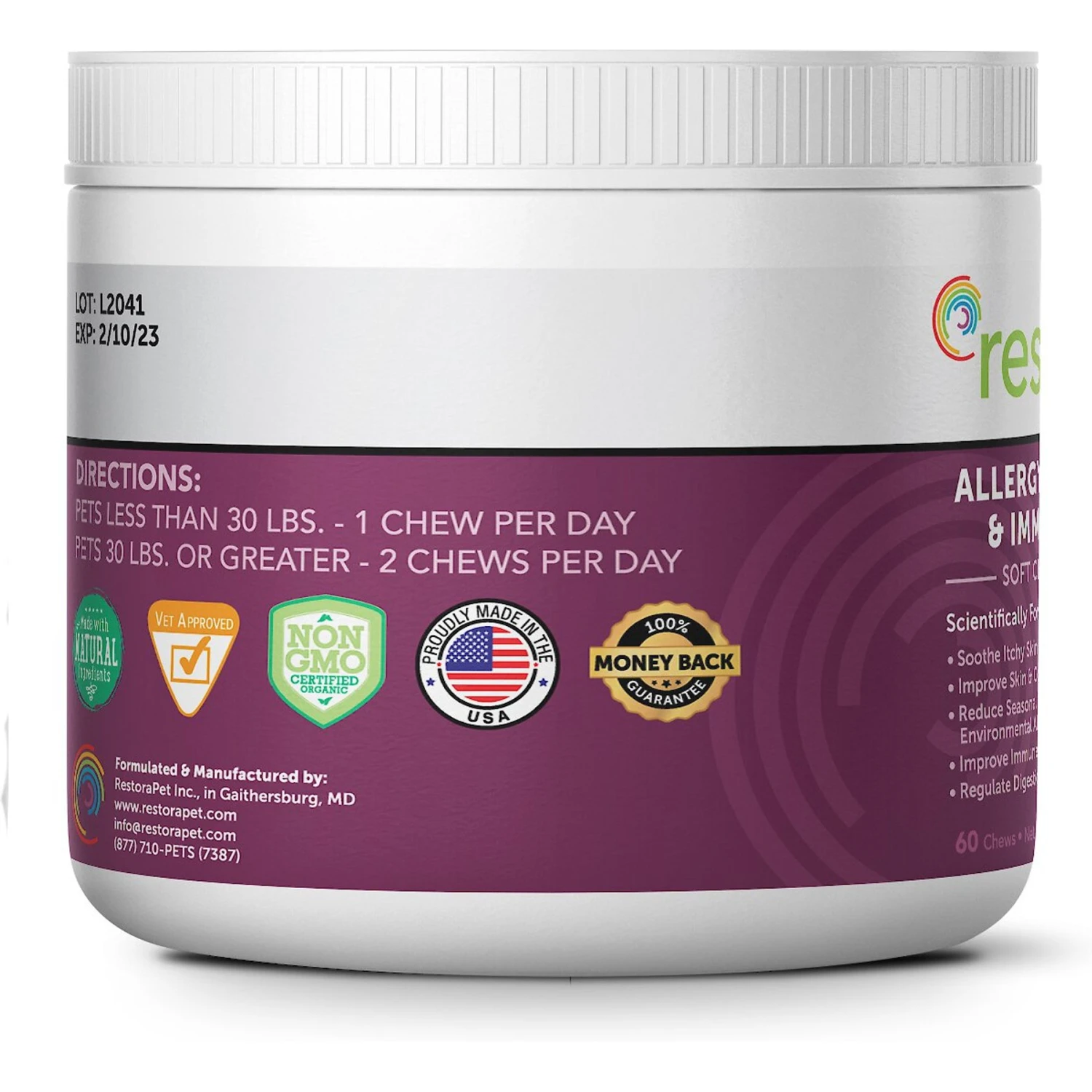 RestoraPet Allergy, Itch & Immune Support Soft Chews Dog Supplement, 60 Count 2 RestoraPet Allergy, Itch & Immune Support Soft Chews Dog Supplement, 60 Count - Image 2