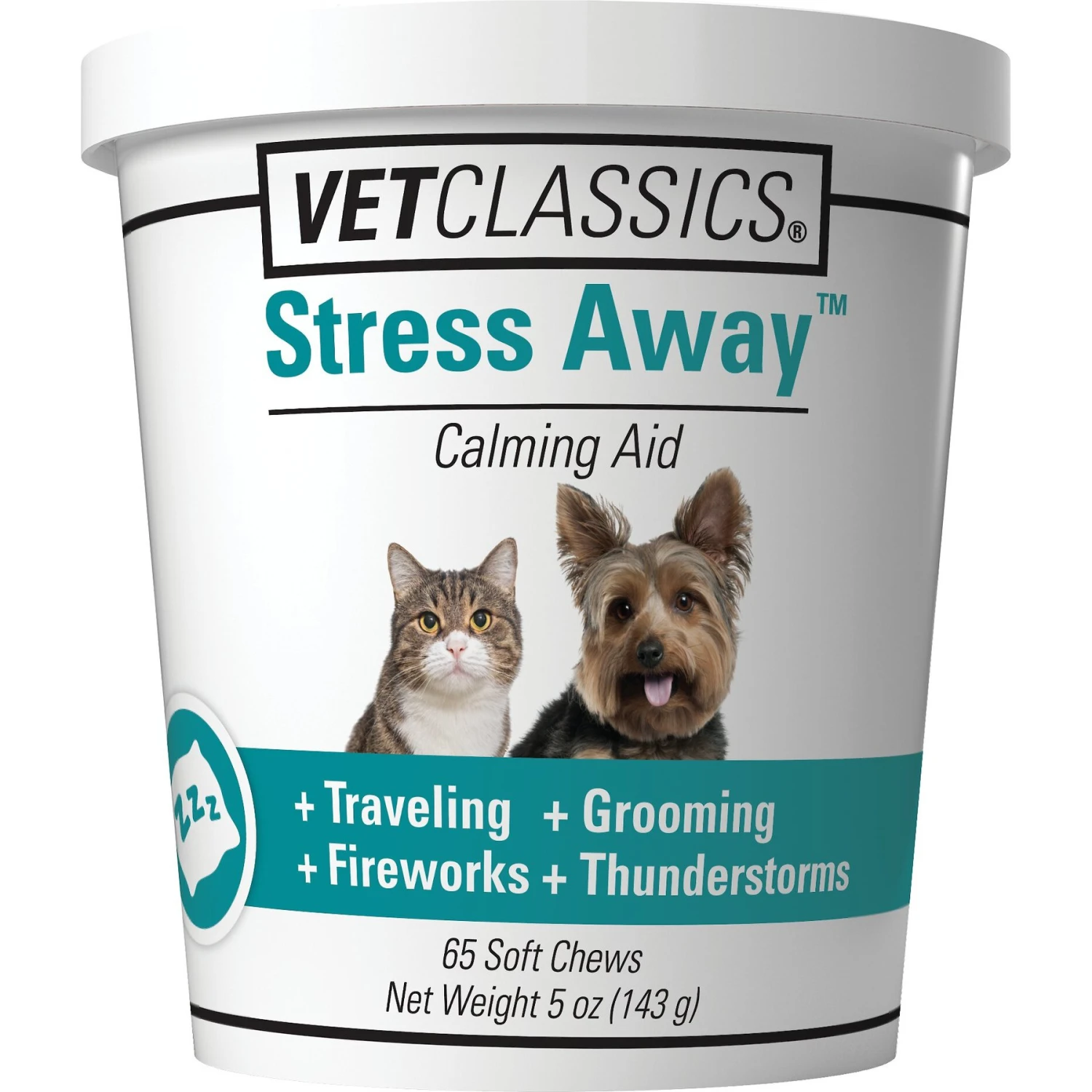 VetClassics Stress Away Calming Aid Soft Chews Dog & Cat Supplement, 65 Count 1 VetClassics Stress Away Calming Aid Soft Chews Dog & Cat Supplement, 65 Count
