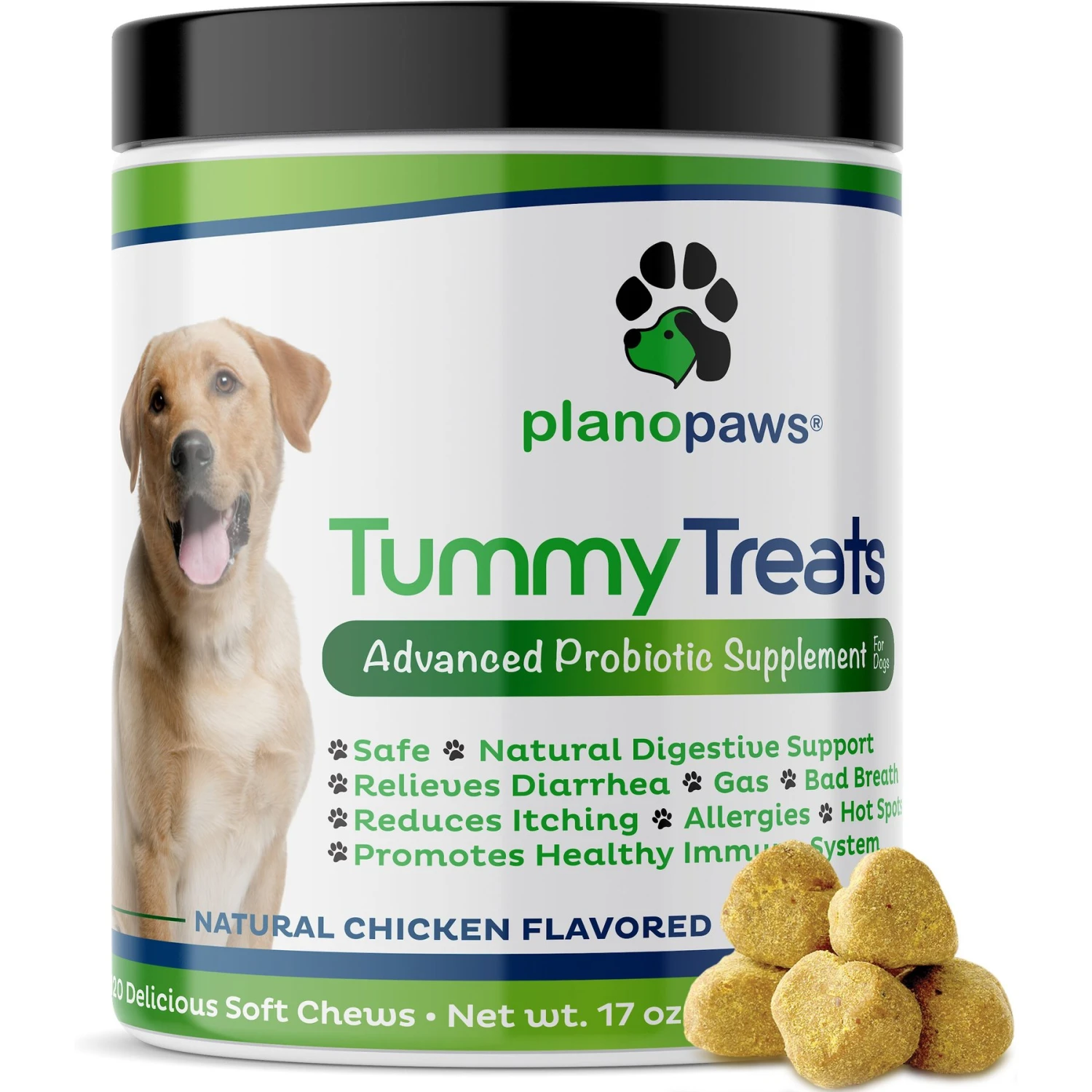 Plano Paws Tummy Treats Advanced Probiotic Natural Chicken Flavor Soft Chews Dog Supplement, 120 Count 1 Plano Paws Tummy Treats Advanced Probiotic Natural Chicken Flavor Soft Chews Dog Supplement, 120 Count