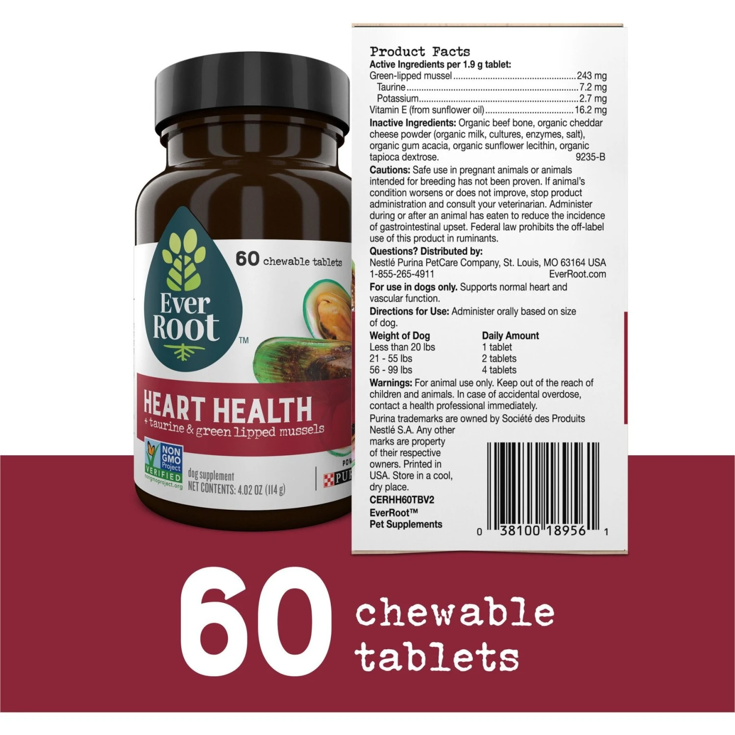 EverRoot By Purina Heart Health + Taurine & Green Lipped Mussels Chewable Tablets Dog Supplement, 60 Count 2 EverRoot By Purina Heart Health + Taurine & Green Lipped Mussels Chewable Tablets Dog Supplement, 60 Count - Image 2