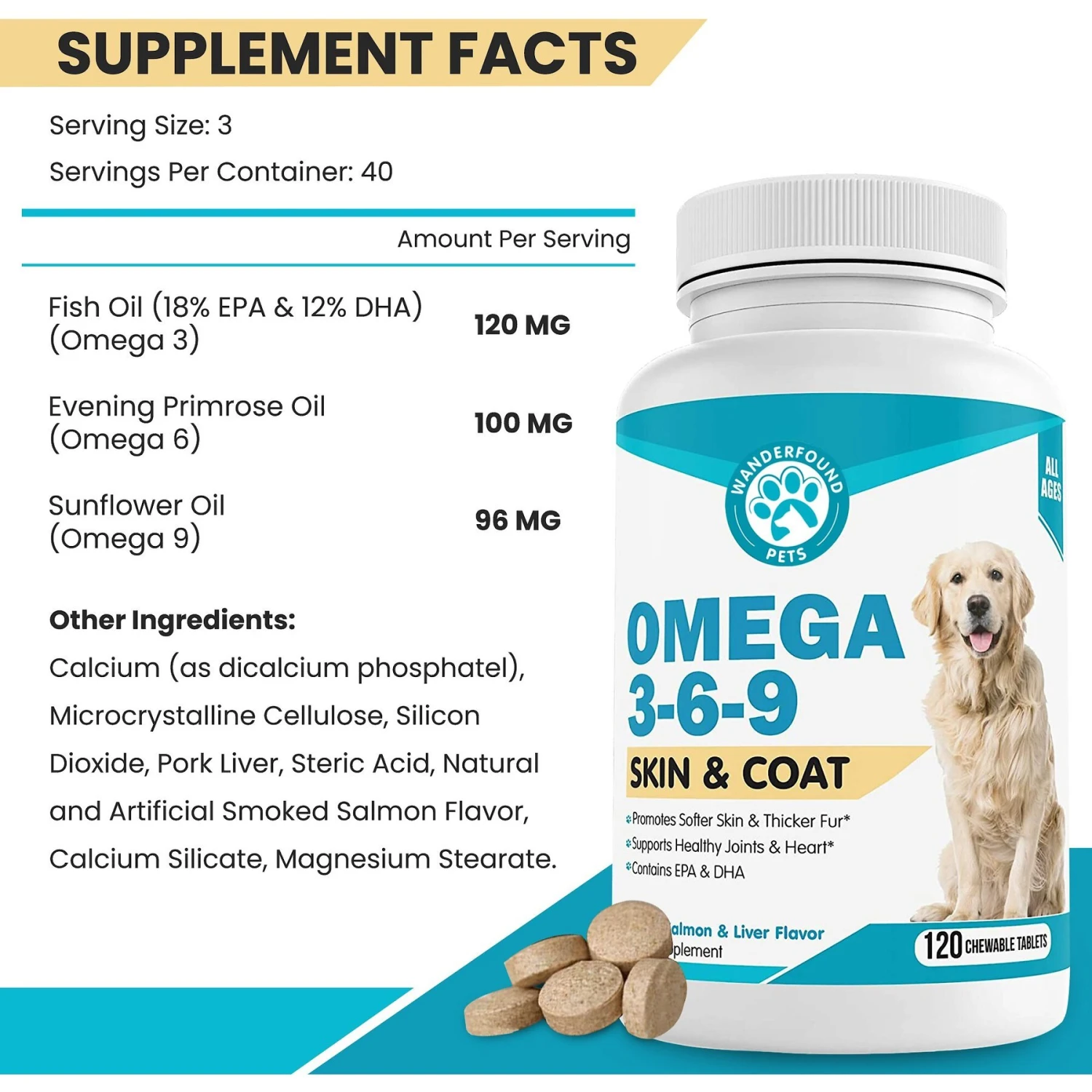 Wanderfound Pets Omega 3-6-9 Skin & Coat Health Smoked Salmon & Liver Flavor Dog Supplement, 120 Count 2 Wanderfound Pets Omega 3-6-9 Skin & Coat Health Smoked Salmon & Liver Flavor Dog Supplement, 120 Count - Image 2