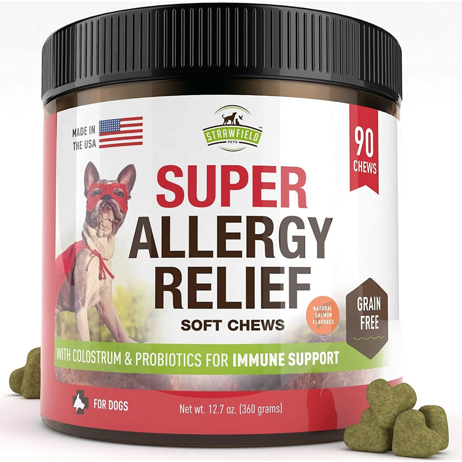 Strawfield Pets Super Chews Allergy Relief With Colostrum & Probiotics Immune Support Soft Chews Dog Supplement, 90 Count 1 Strawfield Pets Super Chews Allergy Relief With Colostrum & Probiotics Immune Support Soft Chews Dog Supplement, 90 Count