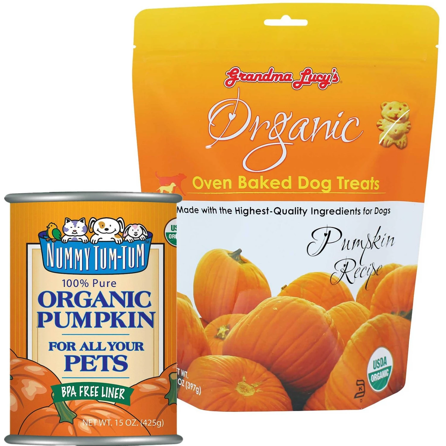 Nummy Tum-Tum Pure Organic Pumpkin Canned Dog & Cat Food Supplement & Grandma Lucy's Organic Pumpkin Oven Baked Dog Treats 1 Nummy Tum-Tum Pure Organic Pumpkin Canned Dog & Cat Food Supplement & Grandma Lucy's Organic Pumpkin Oven Baked Dog Treats