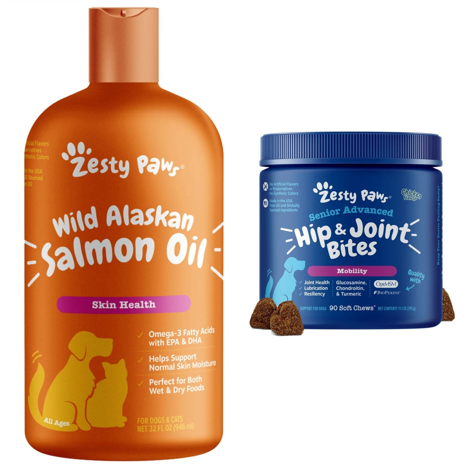 Zesty Paws Advanced Mobility Bites Chicken Flavored Soft Chews Glucosamine Hip & Joint Supplement For Senior Dogs & Zesty Paws Wild Alaskan Salmon Oil Liquid Skin & Coat Supplement For Dogs & Cats 1 Zesty Paws Advanced Mobility Bites Chicken Flavored Soft Chews Glucosamine Hip & Joint Supplement For Senior Dogs & Zesty Paws Wild Alaskan Salmon Oil Liquid Skin & Coat Supplement For Dogs & Cats