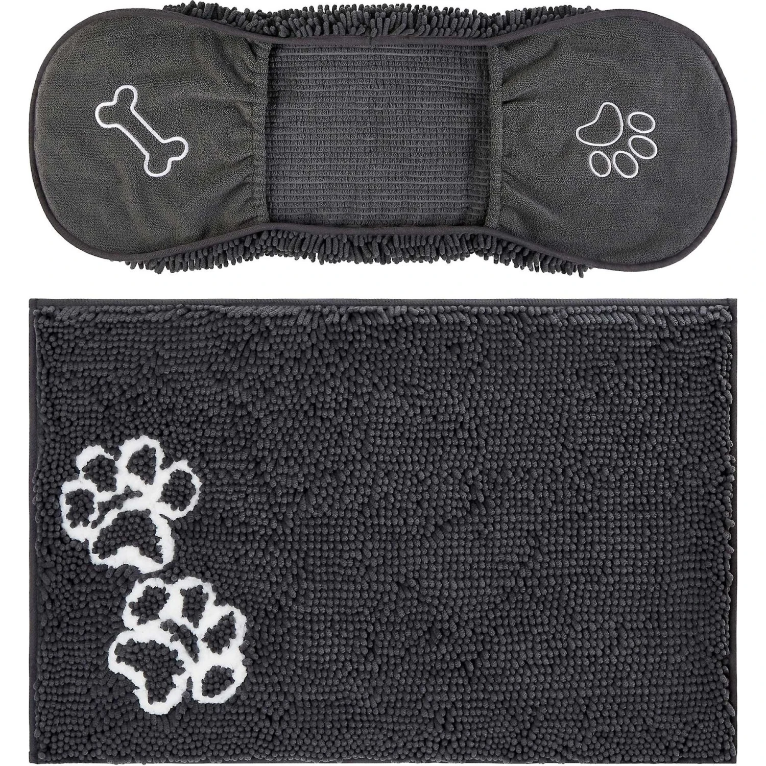 Frisco Microfiber Chenille Shammy Towel & Frisco Microfiber Chenille Paw Print Dog & Cat Mat, Dark Gray 1 Frisco Microfiber Chenille Shammy Towel & Frisco Microfiber Chenille Paw Print Dog & Cat Mat, Dark Gray