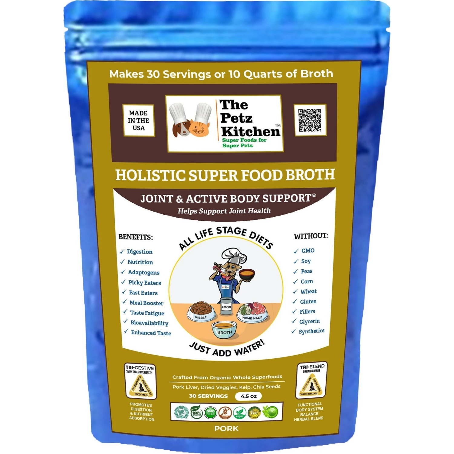 The Petz Kitchen Holistic Super Food Broth Joint Support Pork Flavor Concentrate Powder Dog & Cat Supplement, 4.5-oz Bag 1 The Petz Kitchen Holistic Super Food Broth Joint Support Pork Flavor Concentrate Powder Dog & Cat Supplement, 4.5-oz Bag