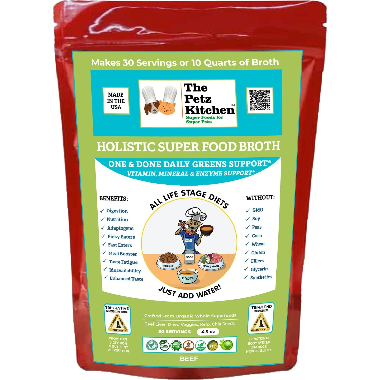 The Petz Kitchen Holistic Super Food Broth One & Done Daily Greens Support Beef Flavor Concentrate Powder Dog & Cat Supplement, 4.5-oz Bag 1 The Petz Kitchen Holistic Super Food Broth One & Done Daily Greens Support Beef Flavor Concentrate Powder Dog & Cat Supplement, 4.5-oz Bag