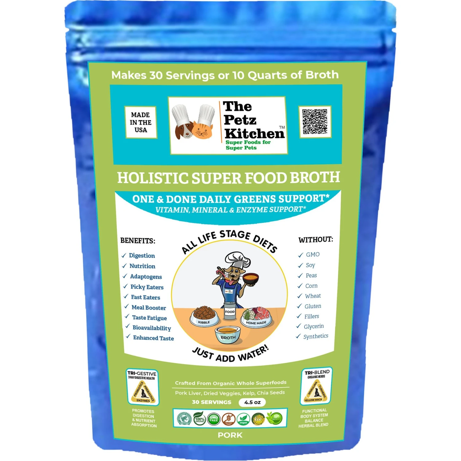 The Petz Kitchen Holistic Super Food Broth One & Done Daily Greens Support Pork Flavor Concentrate Powder Dog & Cat Supplement, 4.5-oz Bag 1 The Petz Kitchen Holistic Super Food Broth One & Done Daily Greens Support Pork Flavor Concentrate Powder Dog & Cat Supplement, 4.5-oz Bag