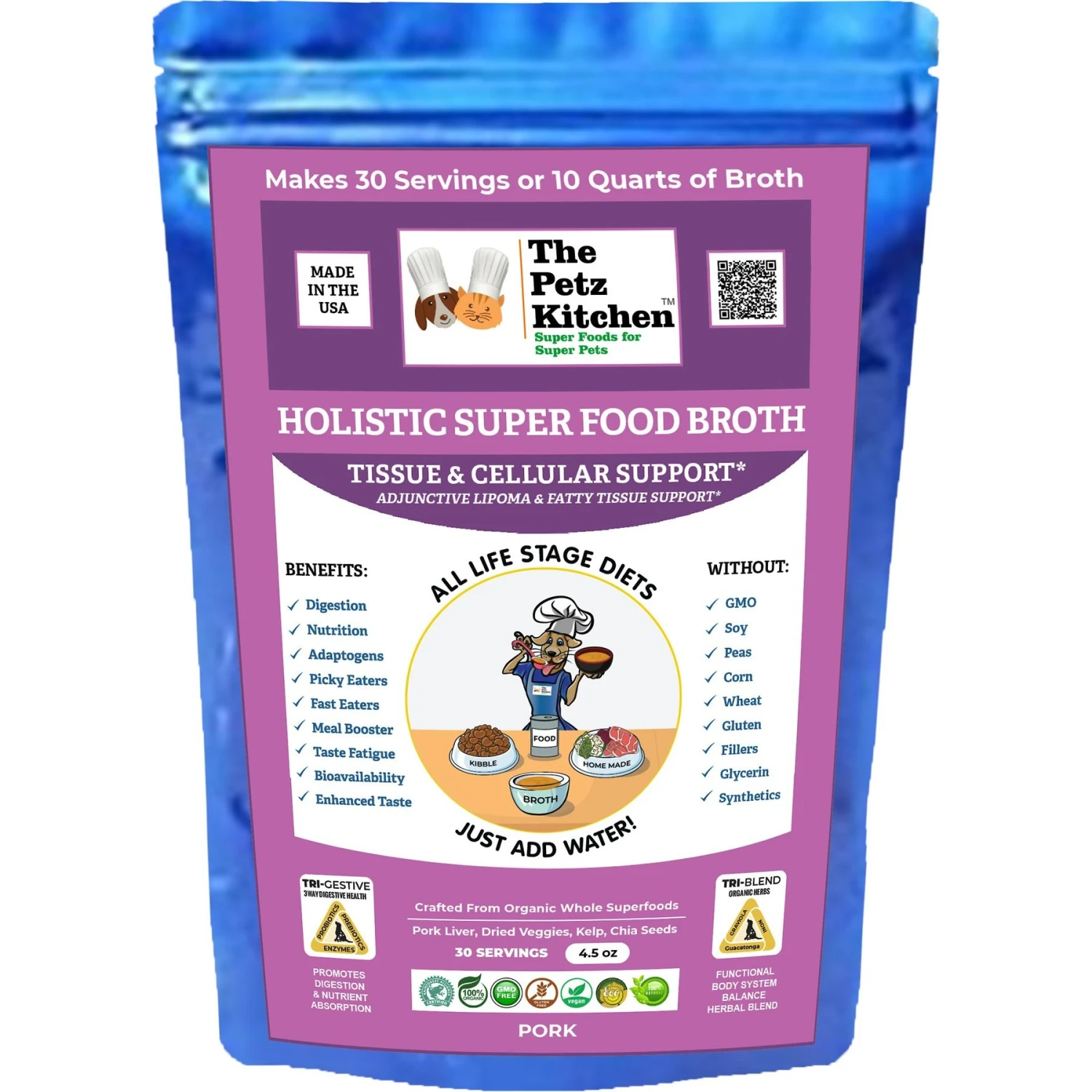 The Petz Kitchen Holistic Super Food Broth Tissue & Cell Support Pork Flavor Concentrate Powder Dog & Cat Supplement, 4.5-oz Bag 1 The Petz Kitchen Holistic Super Food Broth Tissue & Cell Support Pork Flavor Concentrate Powder Dog & Cat Supplement, 4.5-oz Bag