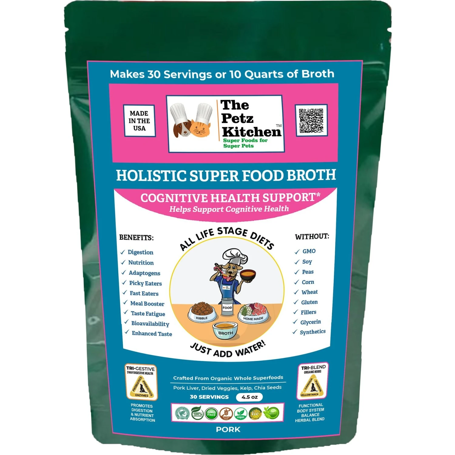 The Petz Kitchen Holistic Super Food Broth Cognitive Support Pork Flavor Concentrate Powder Dog & Cat Supplement, 4.5-oz Bag 1 The Petz Kitchen Holistic Super Food Broth Cognitive Support Pork Flavor Concentrate Powder Dog & Cat Supplement, 4.5-oz Bag