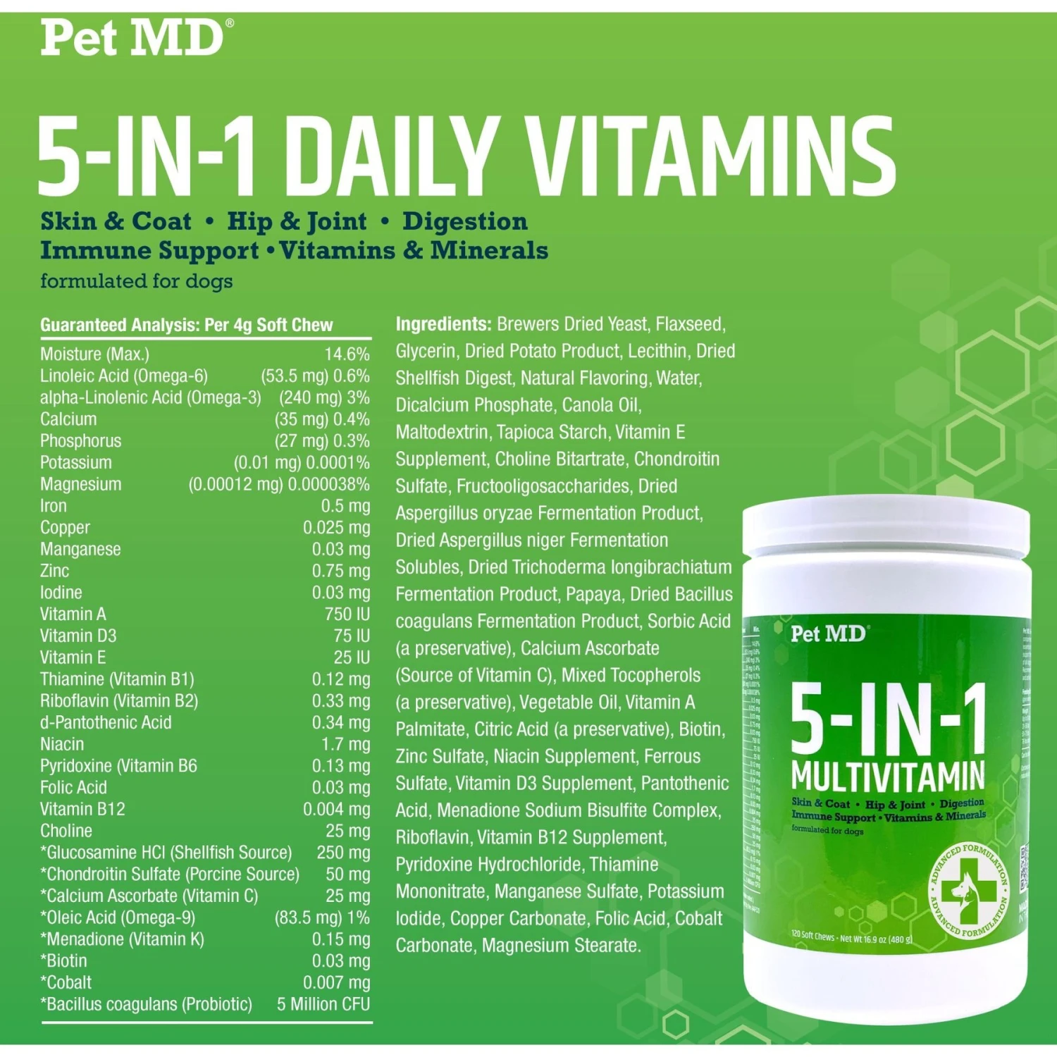 Pet MD 5-in-1 Multivitamin Chews Dog Supplement, 120 Count 2 Pet MD 5-in-1 Multivitamin Chews Dog Supplement, 120 Count - Image 2