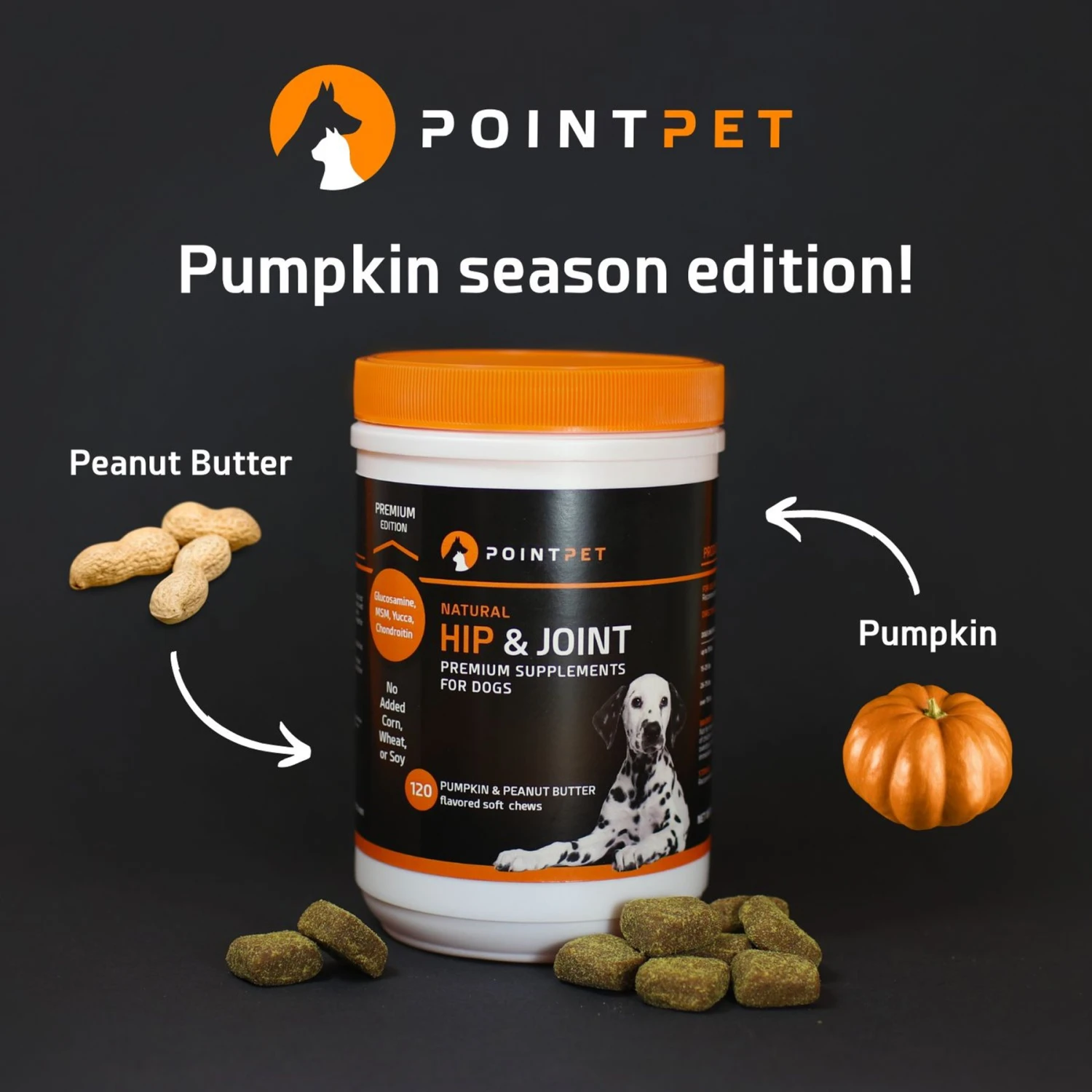 PointPet Glucosamine Peanut Butter & Pumpkin Flavored Hip & Joint Support Soft Chews Dog Supplement, 120 Count 4 PointPet Glucosamine Peanut Butter & Pumpkin Flavored Hip & Joint Support Soft Chews Dog Supplement, 120 Count - Image 4