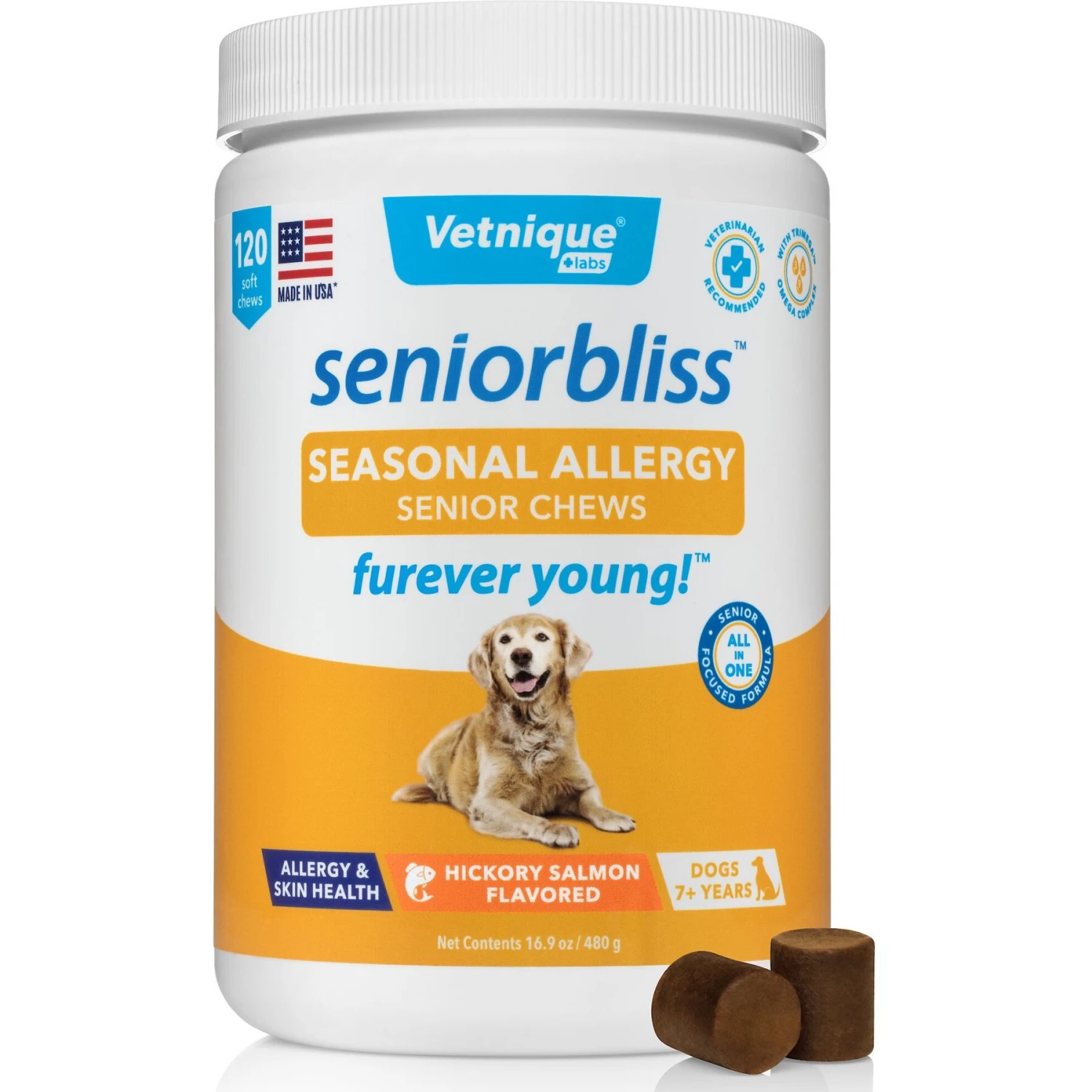 Vetnique Labs Seniorbliss Seasonal Allergy & Itch Salmon Flavored Fish Oil Soft Chews Allergy Supplement For Senior Dogs 1 Vetnique Labs Seniorbliss Seasonal Allergy & Itch Salmon Flavored Fish Oil Soft Chews Allergy Supplement For Senior Dogs