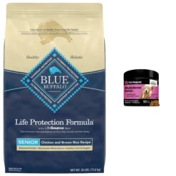 PetHonesty Duck Flavored Soft Chews Multivitamin For Senior Dogs & Blue Buffalo Life Protection Formula Senior Chicken & Brown Rice Recipe Dry Dog Food