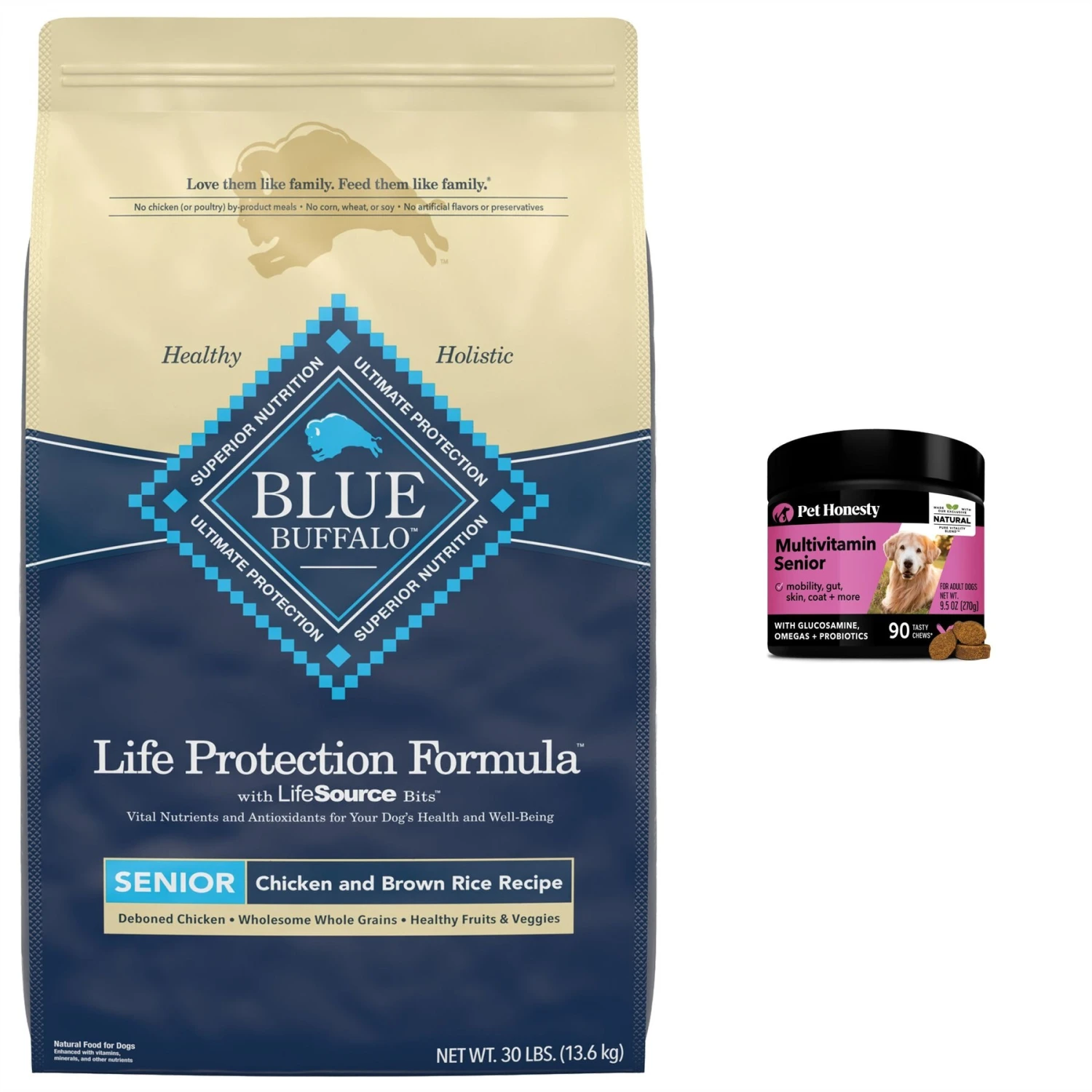 PetHonesty Duck Flavored Soft Chews Multivitamin For Senior Dogs & Blue Buffalo Life Protection Formula Senior Chicken & Brown Rice Recipe Dry Dog Food 1 PetHonesty Duck Flavored Soft Chews Multivitamin For Senior Dogs & Blue Buffalo Life Protection Formula Senior Chicken & Brown Rice Recipe Dry Dog Food
