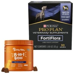 Purina Pro Plan Veterinary Diets FortiFlora Powder Digestive Supplement For Dogs & Zesty Paws Multivitamin 8-in-1 Bites Chicken Flavored Soft Chews Supplement For Dogs