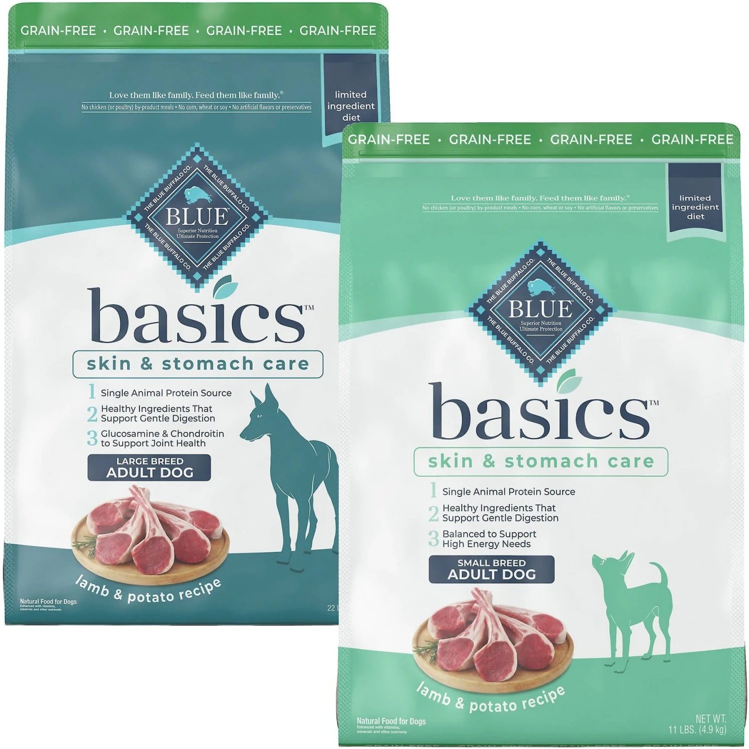 Blue Buffalo Basics Skin & Stomach Care Grain-Free Formula Lamb & Potato Recipe Large Breed Adult Dry Dog Food & Blue Buffalo Basics Skin & Stomach Care Grain-Free Formula Lamb & Potato Recipe Small Breed Adult Dry Dog Food 1 Blue Buffalo Basics Skin & Stomach Care Grain-Free Formula Lamb & Potato Recipe Large Breed Adult Dry Dog Food & Blue Buffalo Basics Skin & Stomach Care Grain-Free Formula Lamb & Potato Recipe Small Breed Adult Dry Dog Food