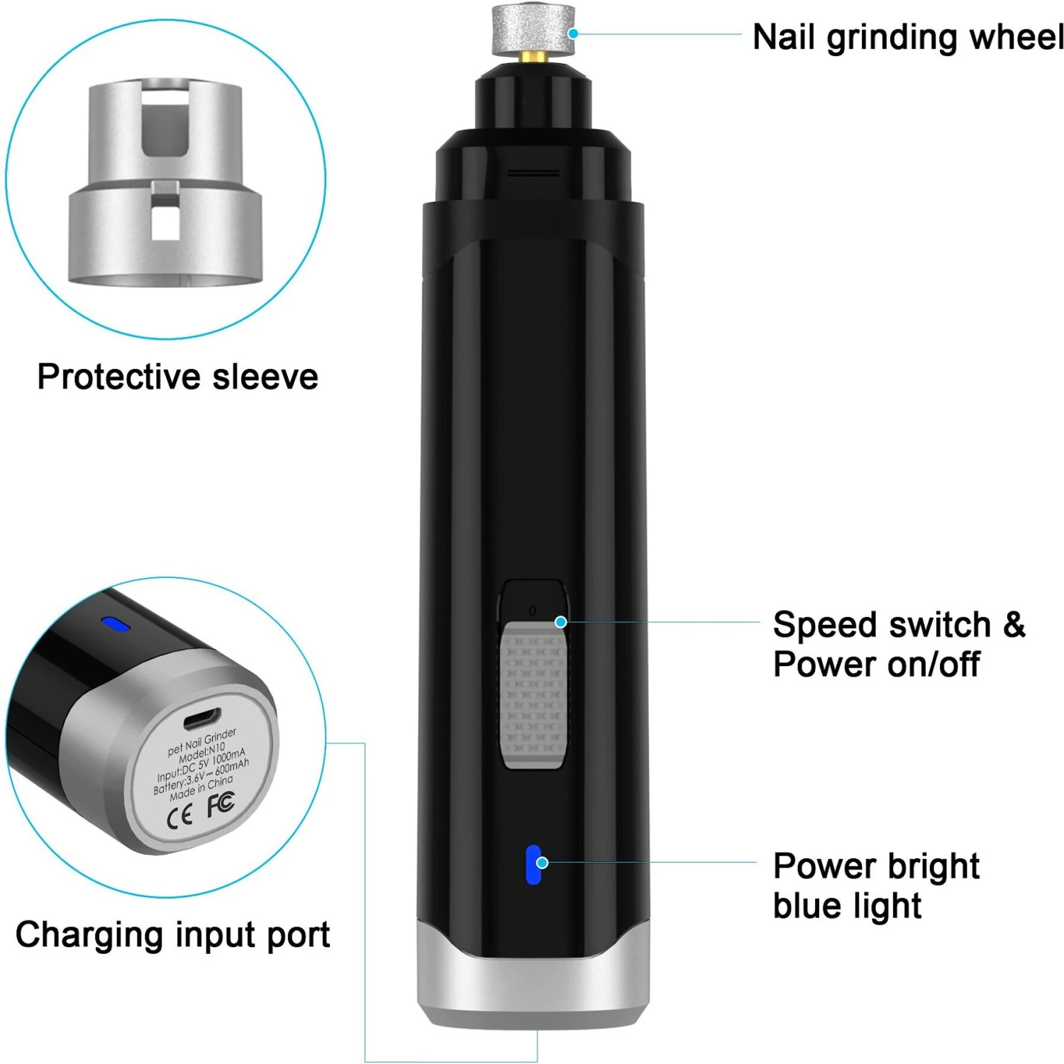 Casfuy Dog & Cat Nail Care Rechargeable Grinder, Black 2 Casfuy Dog & Cat Nail Care Rechargeable Grinder, Black - Image 2