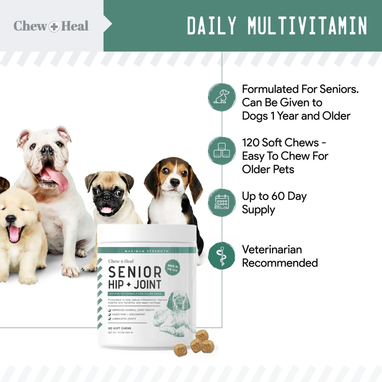 Chew + Heal 4-IN-1 Support Chews Dog Supplement & Chew + Heal Senior Hip + Joint Chews Dog Supplement, 240 Count 3 Chew + Heal 4-IN-1 Support Chews Dog Supplement & Chew + Heal Senior Hip + Joint Chews Dog Supplement, 240 Count - Image 3