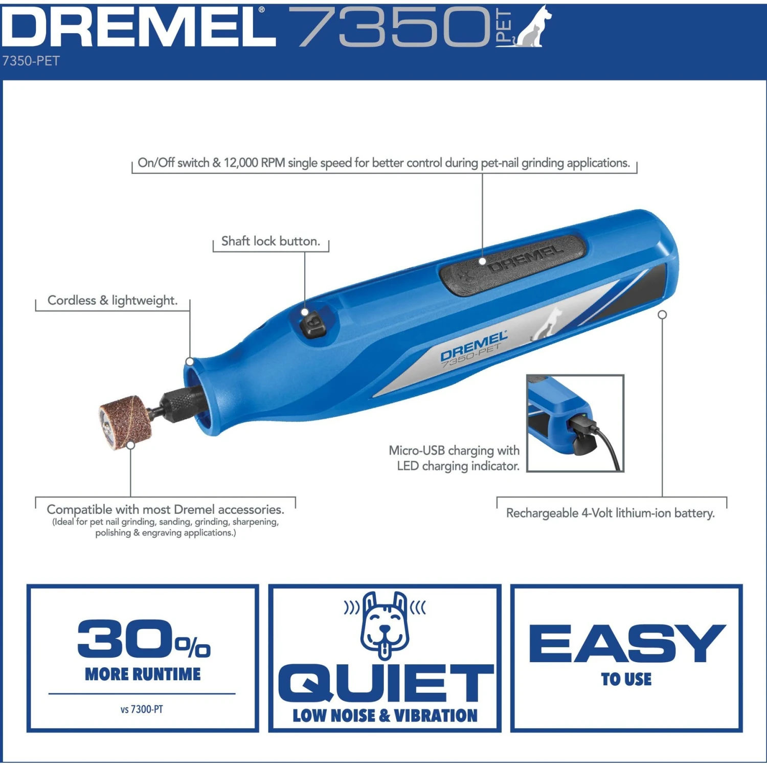 Dremel 7350-PT Cordless Dog & Cat Rotary Nail Grinder Kit & Dremel Grooming Bands For The 7350-PT &7300-PT Nail Grinder 4 Dremel 7350-PT Cordless Dog & Cat Rotary Nail Grinder Kit & Dremel Grooming Bands For The 7350-PT &7300-PT Nail Grinder - Image 4