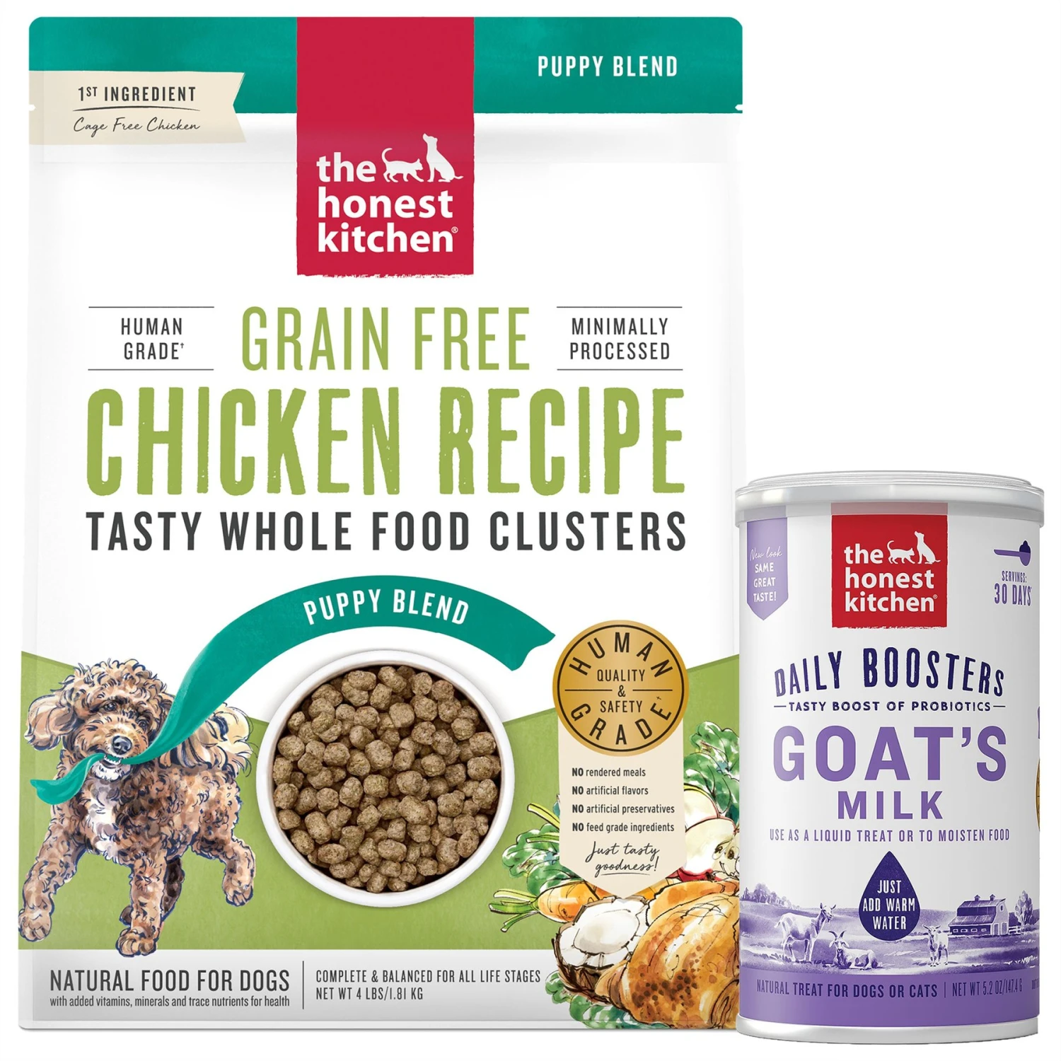 The Honest Kitchen Whole Food Clusters Chicken Recipe Puppy Blend Grain-Free Dehydrated Dog Food & The Honest Kitchen Daily Boosters Instant Goat's Milk With Probiotics For Dogs 1 The Honest Kitchen Whole Food Clusters Chicken Recipe Puppy Blend Grain-Free Dehydrated Dog Food & The Honest Kitchen Daily Boosters Instant Goat's Milk With Probiotics For Dogs