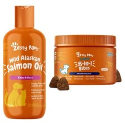 Zesty Paws Puppy 8-in-1 Chicken Flavor Soft Chews Multivitamin Supplement For Dogs & Zesty Paws Wild Alaskan Salmon Oil Liquid Skin & Coat Supplement For Dogs & Cats