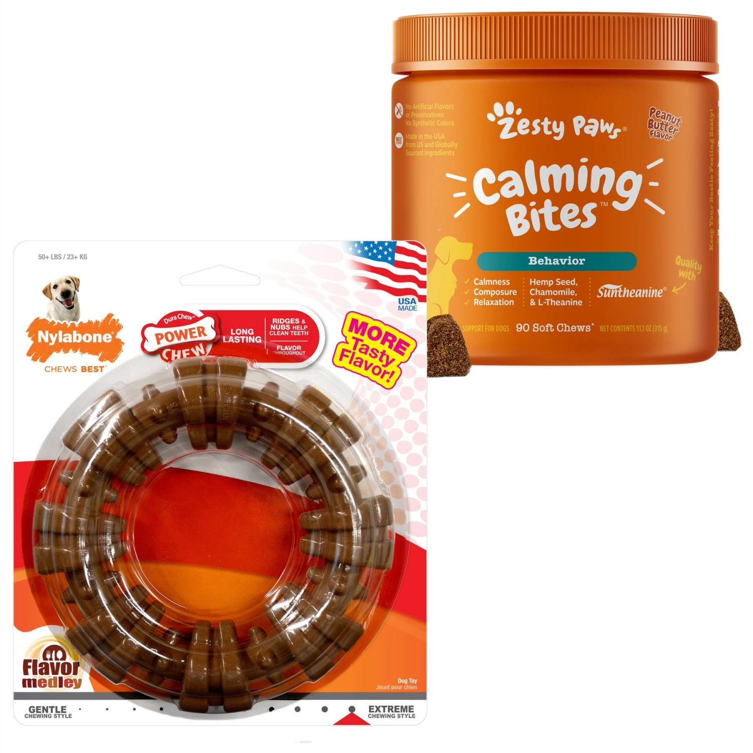 Zesty Paws Hemp Calming Bites Peanut Butter Flavored Soft Chews Composure & Relaxation Supplement For Dogs & Nylabone Power Chew Textured Dog Chew Ring Toy Flavor Medley 1 Zesty Paws Hemp Calming Bites Peanut Butter Flavored Soft Chews Composure & Relaxation Supplement For Dogs & Nylabone Power Chew Textured Dog Chew Ring Toy Flavor Medley