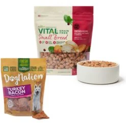 Freshpet Dognation Turkey Bacon Grain-Free Fresh Dog Treats, 3-oz Bag, Case Of 6 & Freshpet Vital Chicken Recipe Grain-Free Small Breed Fresh Dog Food