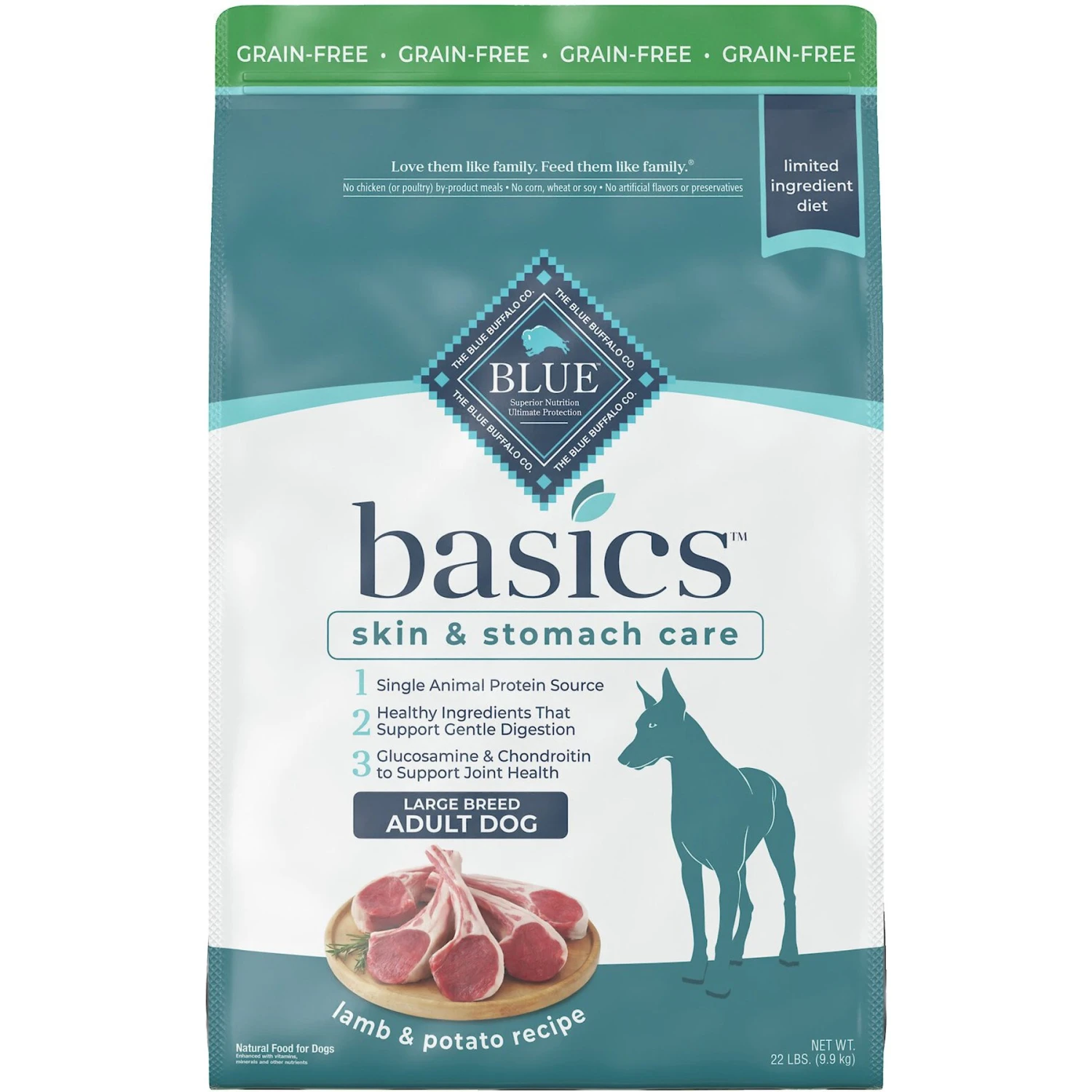 Blue Buffalo Basics Skin & Stomach Care Grain-Free Formula Lamb & Potato Recipe Large Breed Adult Dry Dog Food 1 Blue Buffalo Basics Skin & Stomach Care Grain-Free Formula Lamb & Potato Recipe Large Breed Adult Dry Dog Food