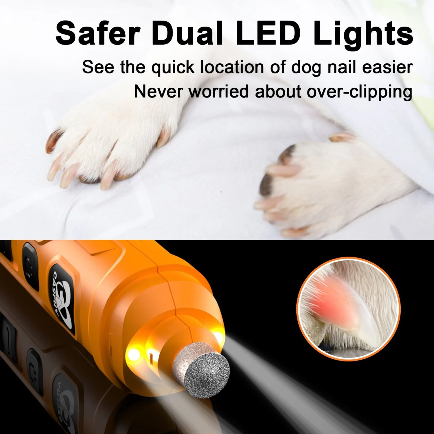 Casfuy 2 LED Light Cat & Dog Nail Grinder, Orange 2 Casfuy 2 LED Light Cat & Dog Nail Grinder, Orange - Image 2