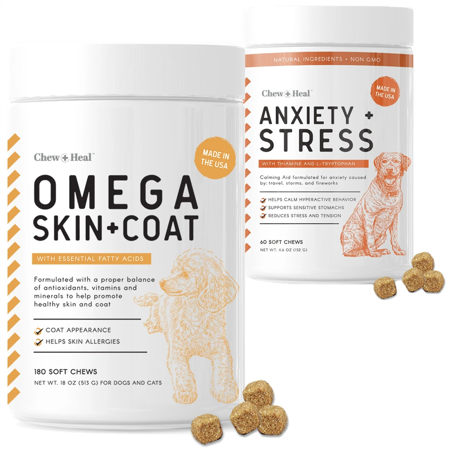 Chew + Heal Anxiety & Stress Dog Supplement & Chew + Heal Omega Skin + Coat Dog Supplement 1 Chew + Heal Anxiety & Stress Dog Supplement & Chew + Heal Omega Skin + Coat Dog Supplement