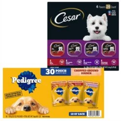 Pedigree Chopped Ground Dinner Variety Pack Adult Wet Dog Food & Cesar Classic Loaf In Sauce Beef Recipe, Filet Mignon, Grilled Chicken & Porterhouse Steak Flavors Variety Pack Grain-Free Small Breed Adult Wet Dog Food Trays