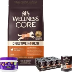Wellness CORE Digestive Health Wholesome Grains Chicken & Brown Rice Recipe Dry Dog Food + 2 Items