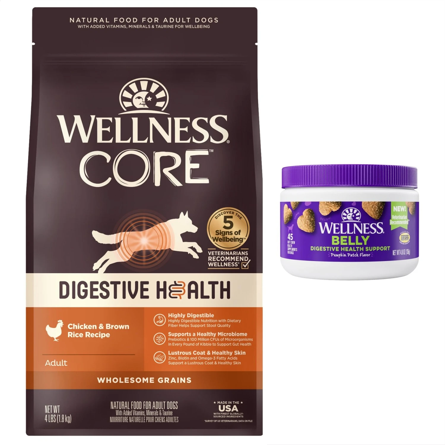 Wellness Belly Digestive Health Support Pumpkin Flavor Chew Supplements For Dogs & Wellness CORE Digestive Health Wholesome Grains Chicken & Brown Rice Recipe Dry Dog Food 1 Wellness Belly Digestive Health Support Pumpkin Flavor Chew Supplements For Dogs & Wellness CORE Digestive Health Wholesome Grains Chicken & Brown Rice Recipe Dry Dog Food