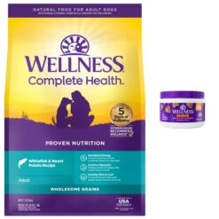 Wellness Shine Skin & Coat Bacon Flavor Chew Supplements For Dogs & Wellness Complete Health Adult Whitefish & Sweet Potato Recipe Dry Dog Food