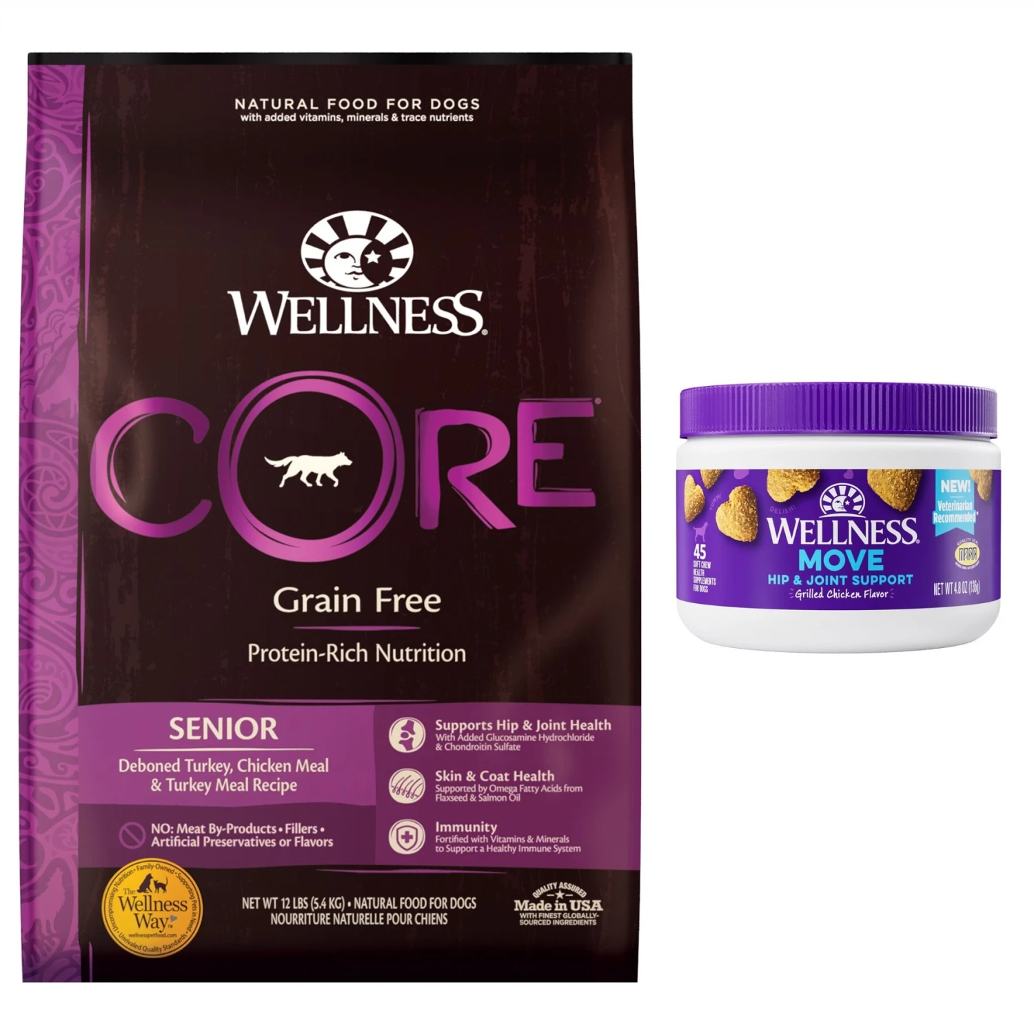 Wellness Move Hip & Joint Chicken Flavor Chew Supplements For Dogs & Wellness CORE Grain-Free Senior Deboned Turkey Recipe Dry Dog Food 1 Wellness Move Hip & Joint Chicken Flavor Chew Supplements For Dogs & Wellness CORE Grain-Free Senior Deboned Turkey Recipe Dry Dog Food