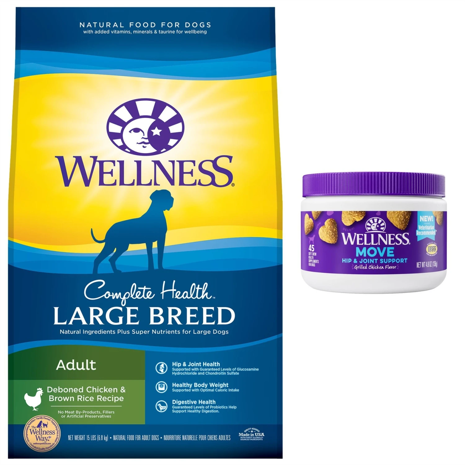 Wellness Move Hip & Joint Chicken Flavor Chew Supplements For Dogs & Wellness Large Breed Complete Health Adult Deboned Chicken & Brown Rice Recipe Dry Dog Food 1 Wellness Move Hip & Joint Chicken Flavor Chew Supplements For Dogs & Wellness Large Breed Complete Health Adult Deboned Chicken & Brown Rice Recipe Dry Dog Food