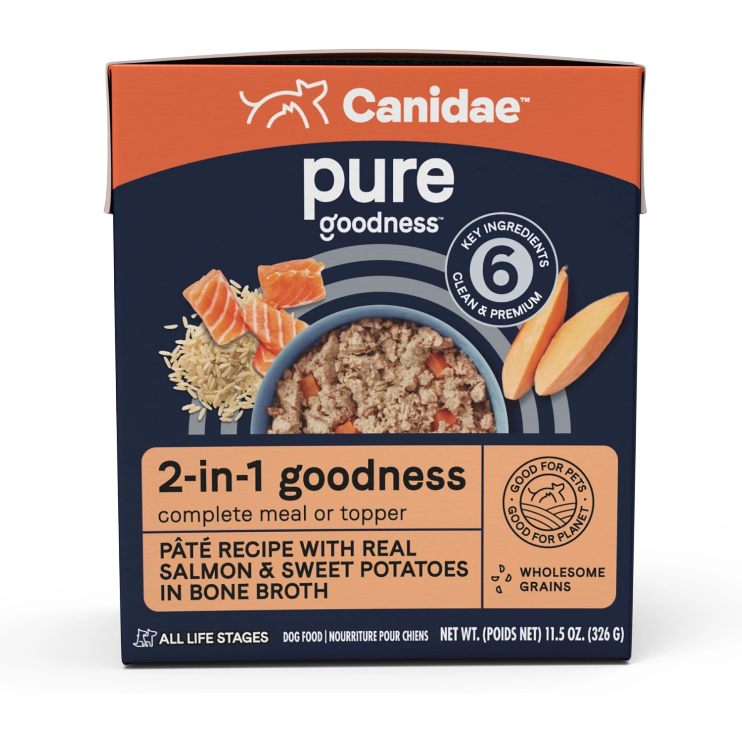 CANIDAE PURE 2-in-1 Goodness Pate Recipe Real Salmon & Sweet Potatoes In Bone Broth Wet Dog Food, 11.5-oz Box, Case Of 6 1 CANIDAE PURE 2-in-1 Goodness Pate Recipe Real Salmon & Sweet Potatoes In Bone Broth Wet Dog Food, 11.5-oz Box, Case Of 6