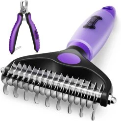 Ruff 'N Ruffus Upgraded Gel-Handle Double-Sided Rake Brush For Dogs, Purple