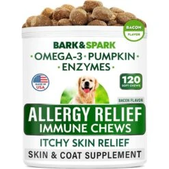 Bark&Spark Allergy Relief Immune Skin & Coat Support Bacon Flavor Chew Supplement For Dogs, 120 Count