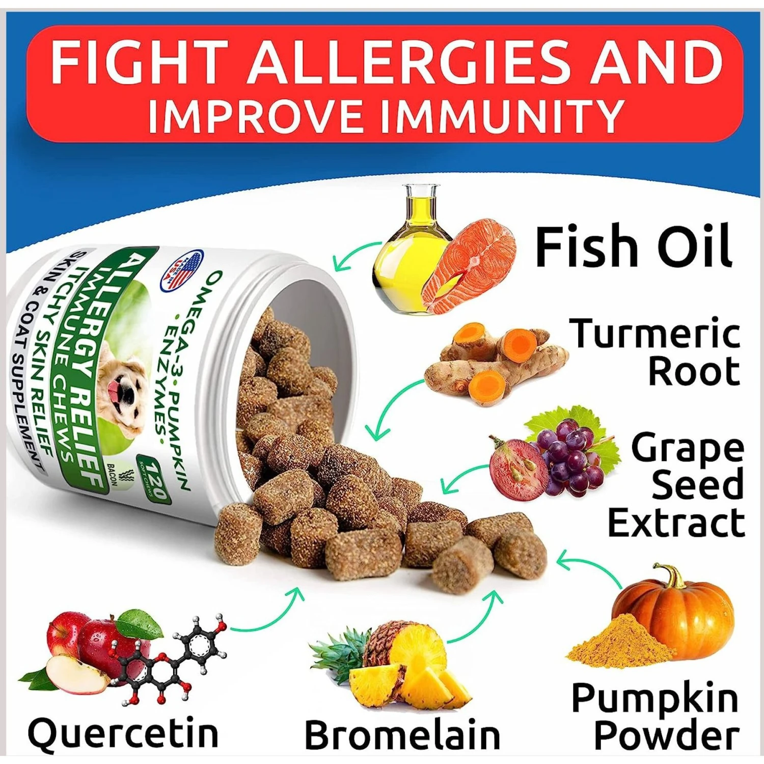 Bark&Spark Allergy Relief Immune Skin & Coat Support Bacon Flavor Chew Supplement For Dogs, 120 Count 4 Bark&Spark Allergy Relief Immune Skin & Coat Support Bacon Flavor Chew Supplement For Dogs, 120 Count - Image 4