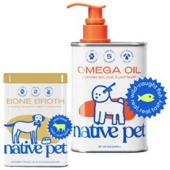 Native Pet Beef Bone Broth Powder Dog & Cat Food Topper & Native Pet Omega 3 Fish Oil To Support Skin & Coat Health Dog Supplement