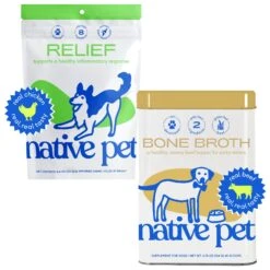 Native Pet Relief Chicken Soft Chew To Support Joint Tenderness Dog Supplement & Native Pet Beef Bone Broth Powder Dog & Cat Food Topper